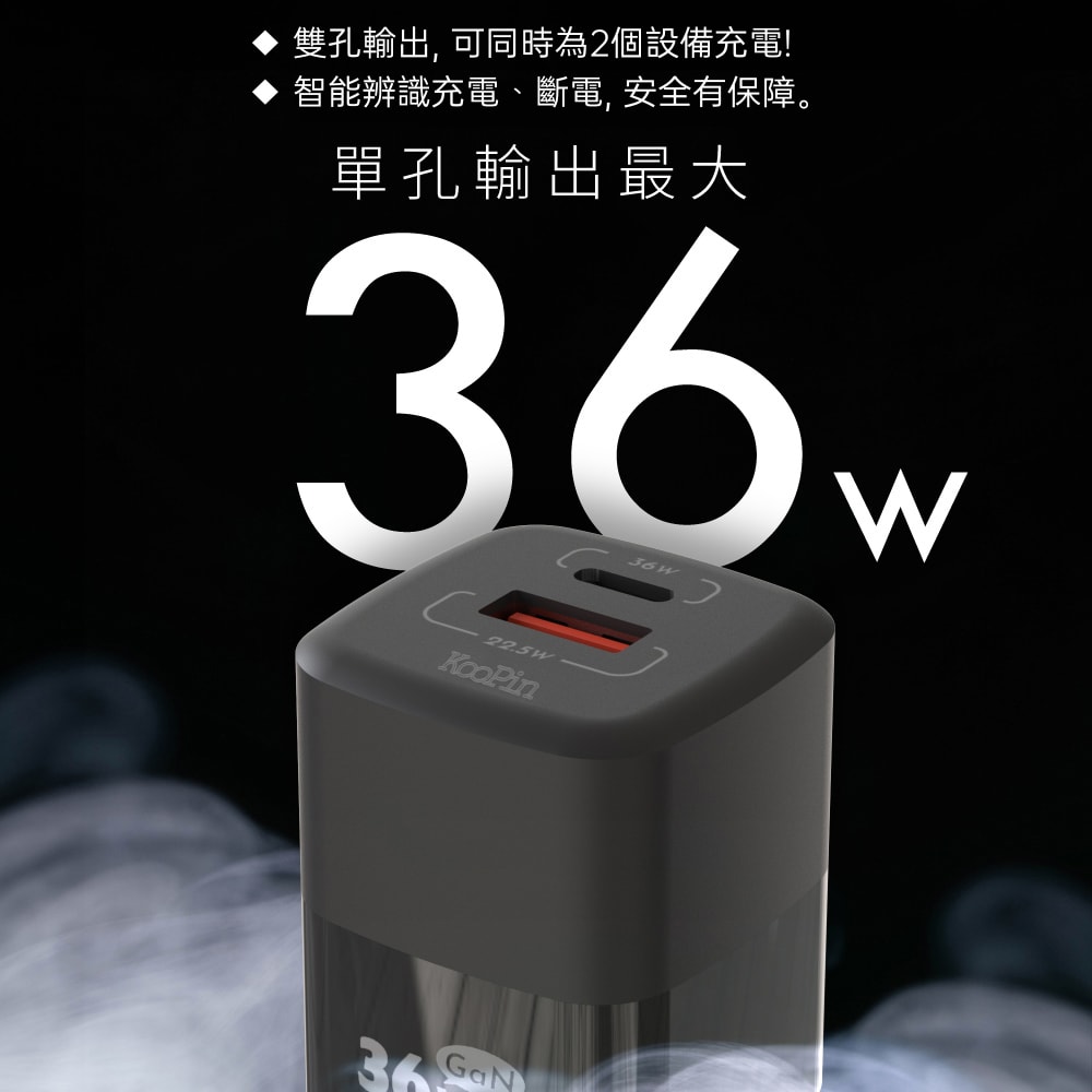 【KooPin】36W氮化鎵 雙孔PD+QC 手機急速快充充電器
