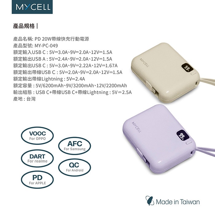 【MYCELL】Mini Air PD 20W 10000mAh 可拆式雙出線 全協議閃充行動電源(台灣製造)