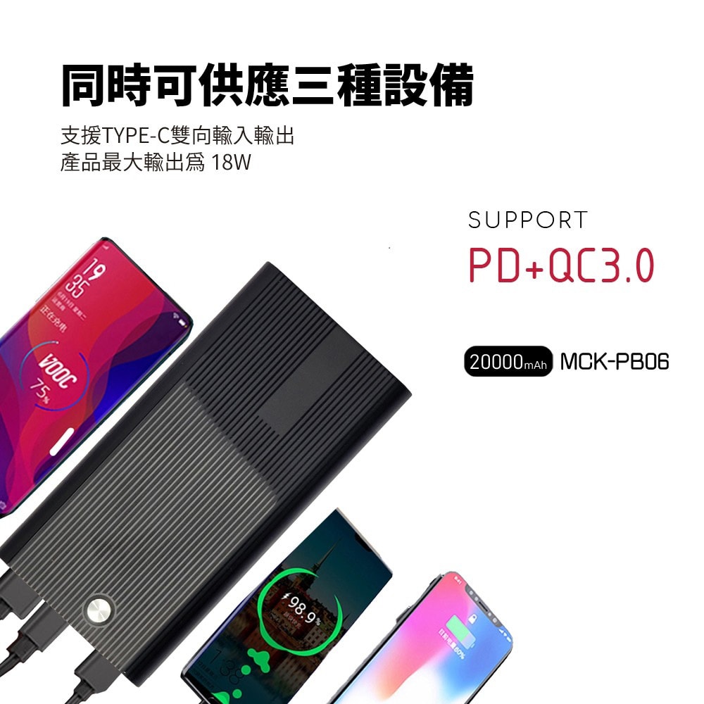 【MCK】MIT電霸 PD+USB 18W 20000快充行動電源(自帶手機支架)台灣製造