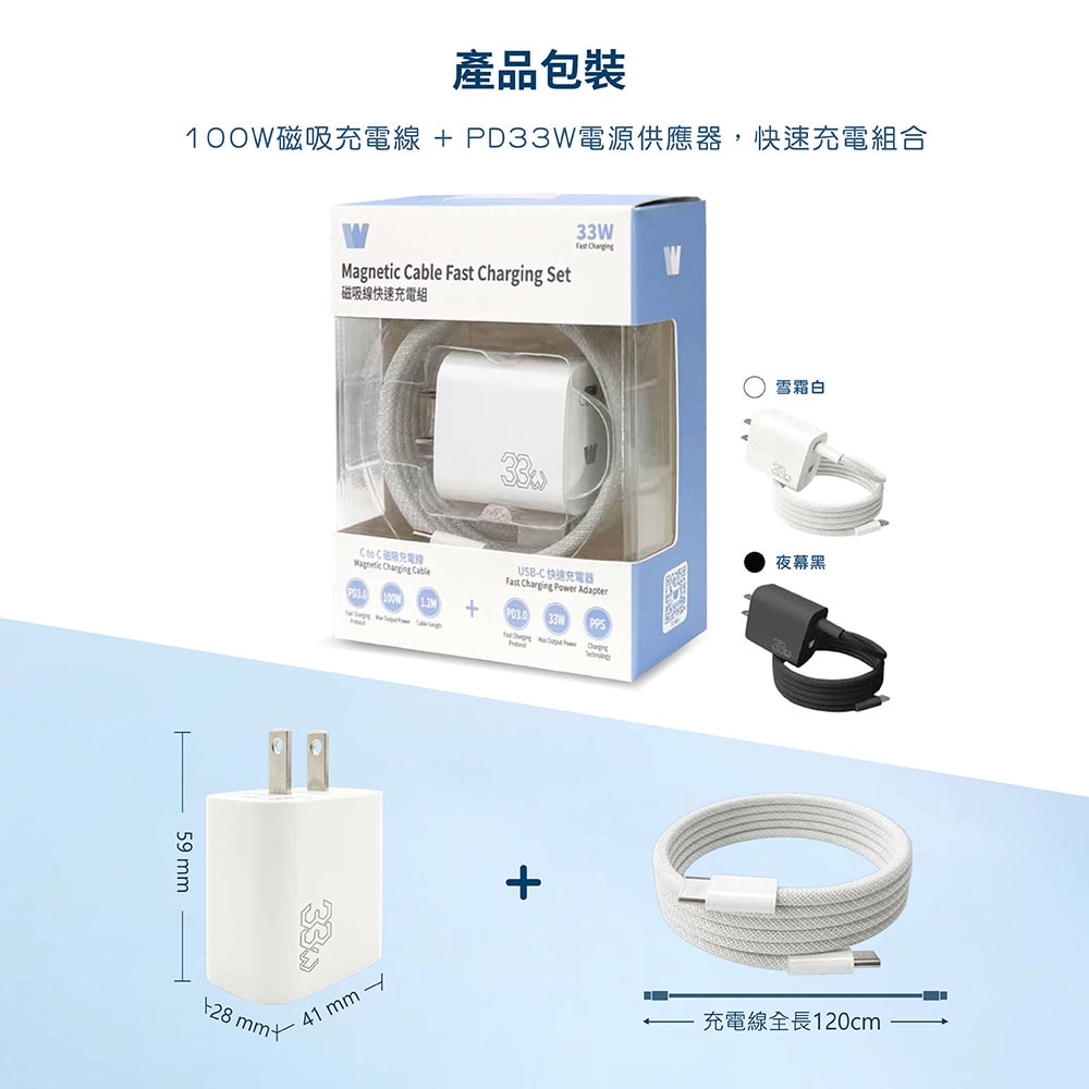 【Wephone】PD33W 手機快速充電器+100W 雙頭Type-C 磁吸線快充線(1.2M)