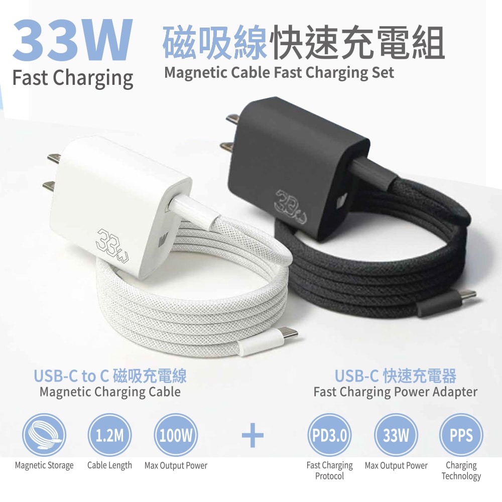 【Wephone】PD33W 手機快速充電器+100W 雙頭Type-C 磁吸線快充線(1.2M)