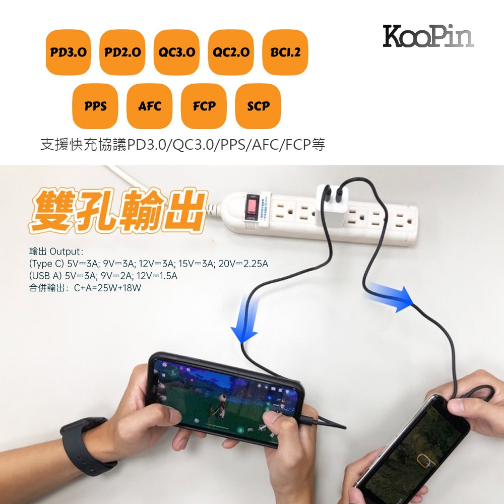 【KooPin】45W氮化鎵 雙孔PD+QC 手機急速快充充電器(1A1C)