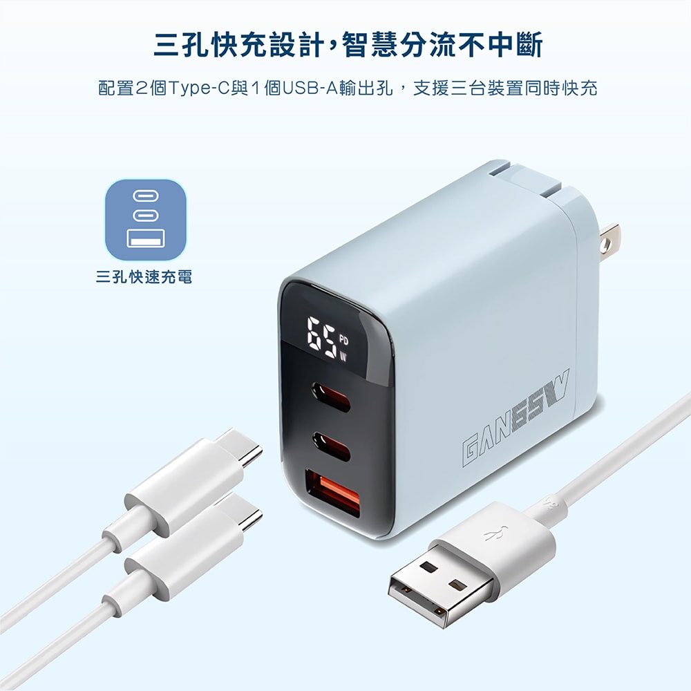 【Wephone】GaN氮化鎵65W 數字顯示三孔快速充電器(2C1A)