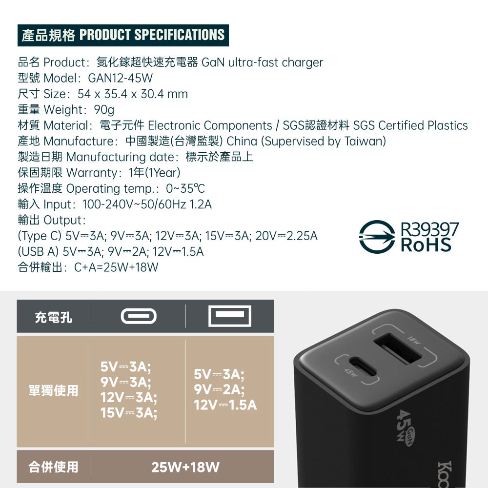 【KooPin】45W氮化鎵 雙孔PD+QC 手機急速快充充電器(1A1C)