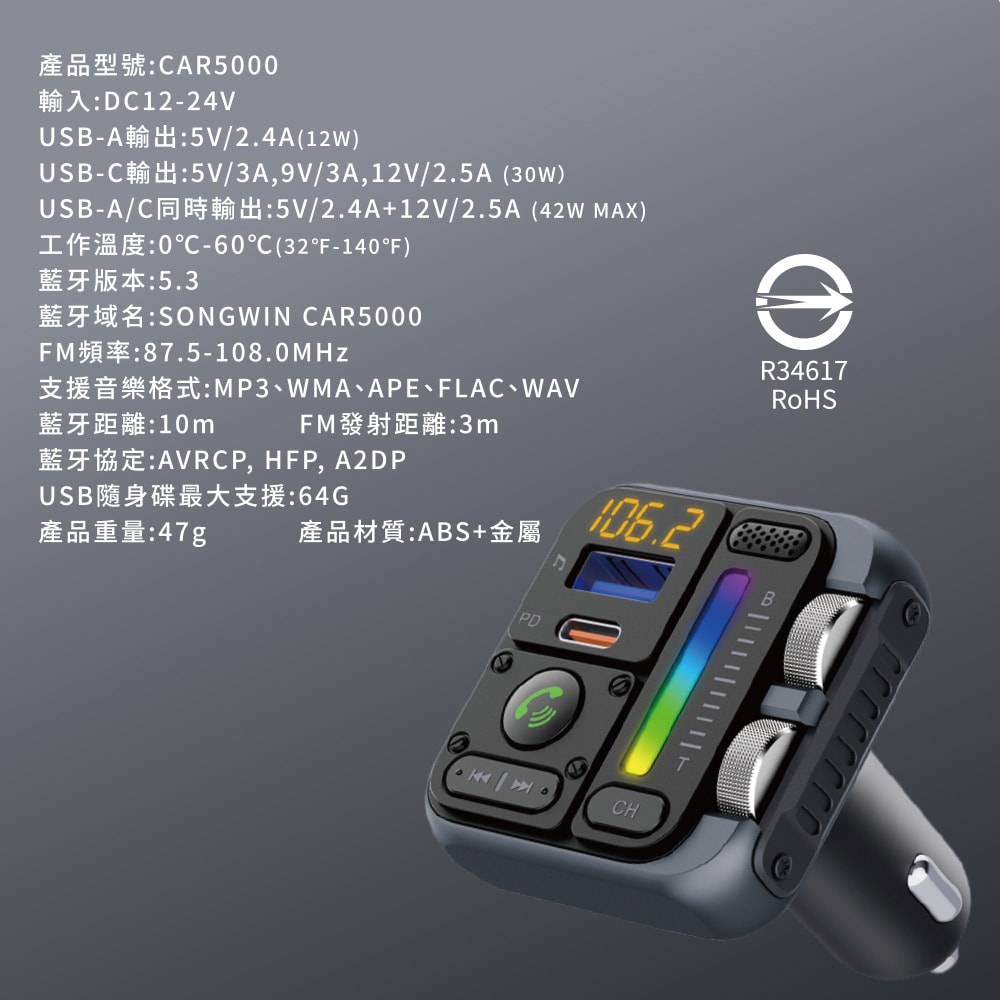 【Songwin】PD30W 藍牙免持車用播放器/車充-手機音樂撥放器 CAR5000