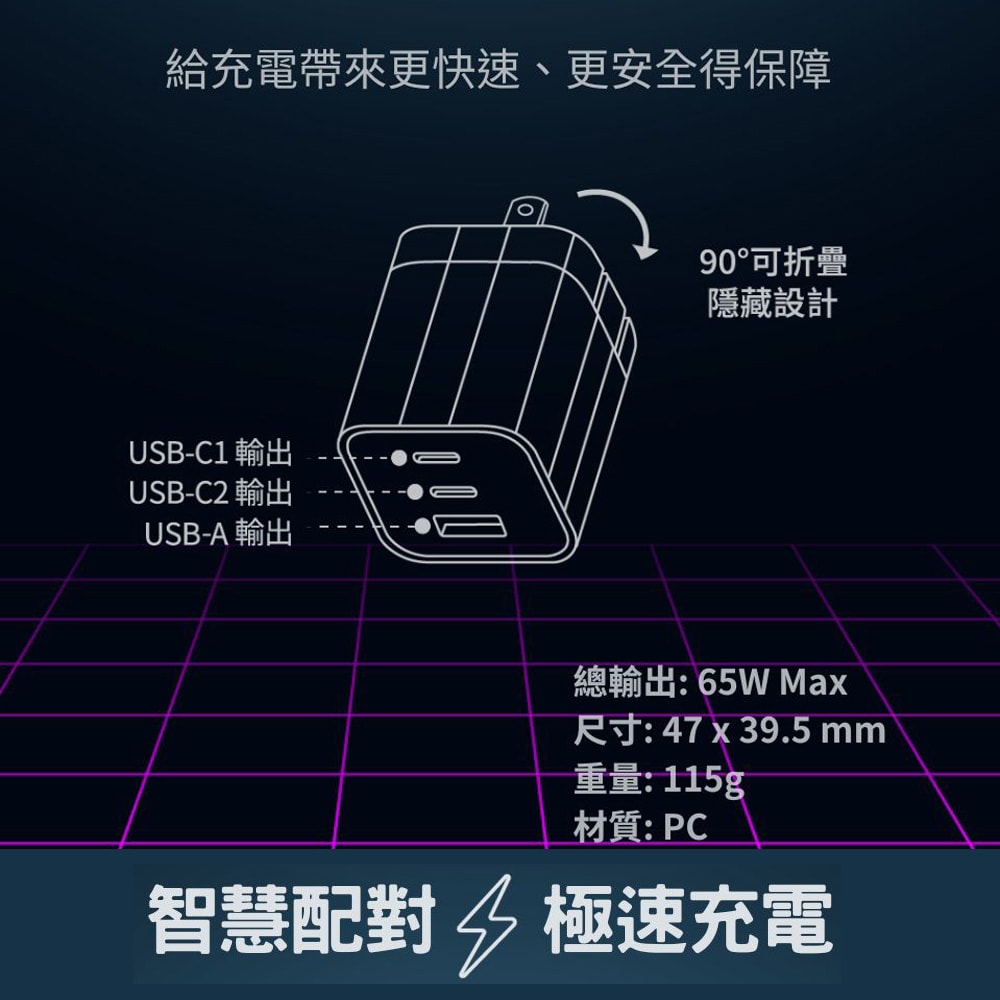 【Wephone】GaN氮化鎵 65W 手機平板快速充電器(雙USB-C+USB-A)