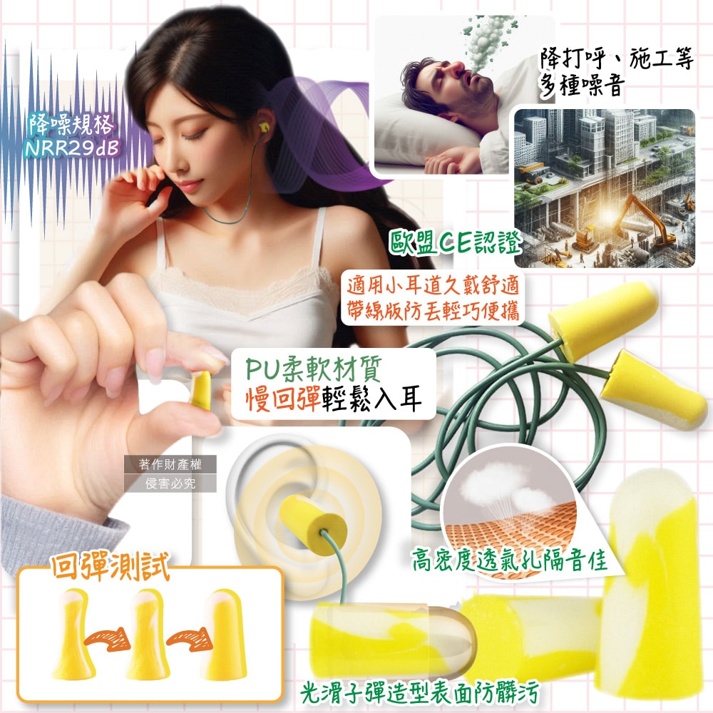 【Honeywell】(3包超值組)PU慢回彈靜音耳塞1對/包-型號304S帶線版(HOWARD LEIGHT小耳道隔音,BILSOM NRR29dB防擾眠,歐盟認證保護聽力)