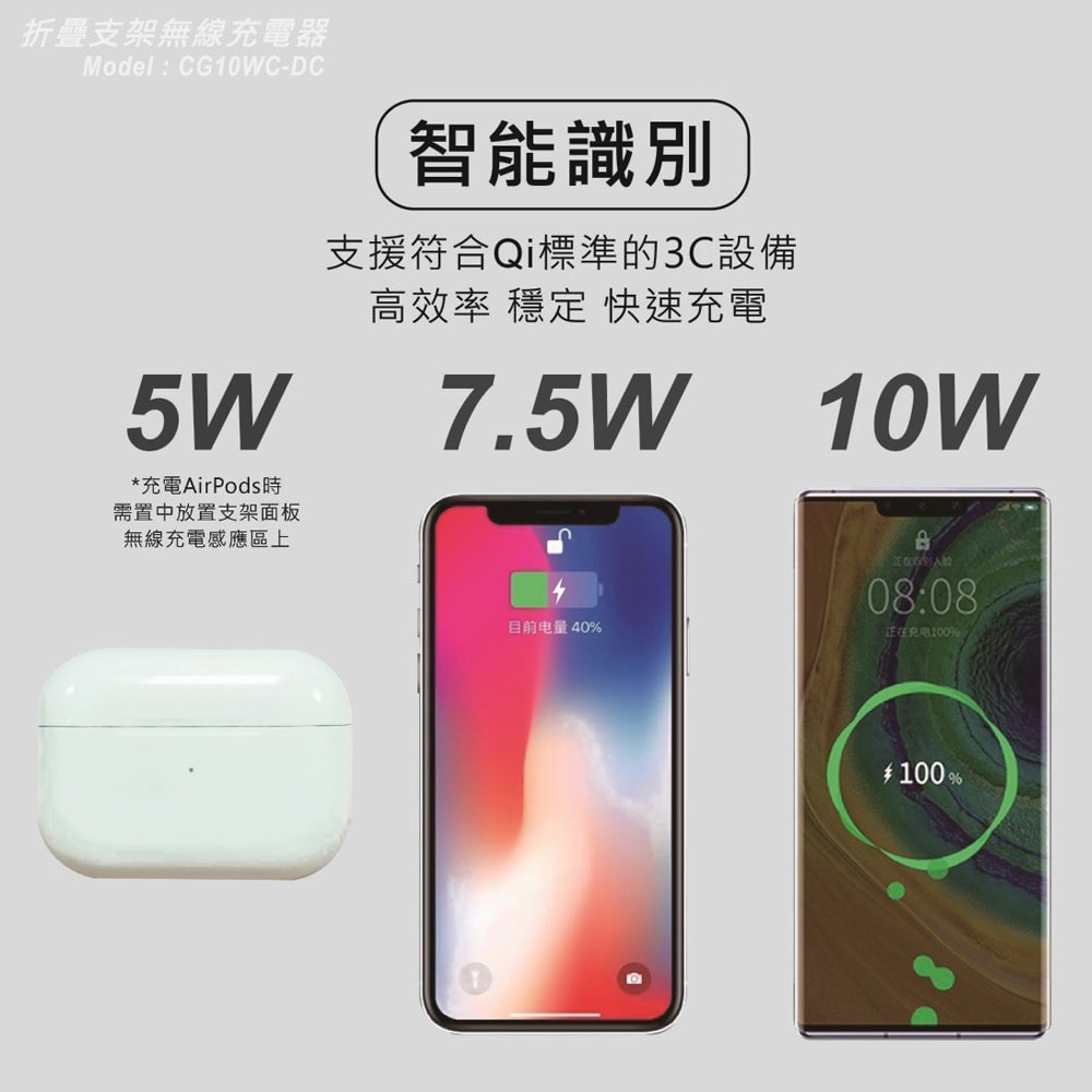 【MINIQ】折疊手機支架10W快充無線充電板/台灣製造/國家認證(贈送一體成型插座充電線)