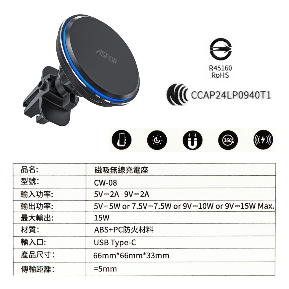 【ASPOR】15W 磁吸MagSafe無線充電車架(for iPhone 12-16 專用)