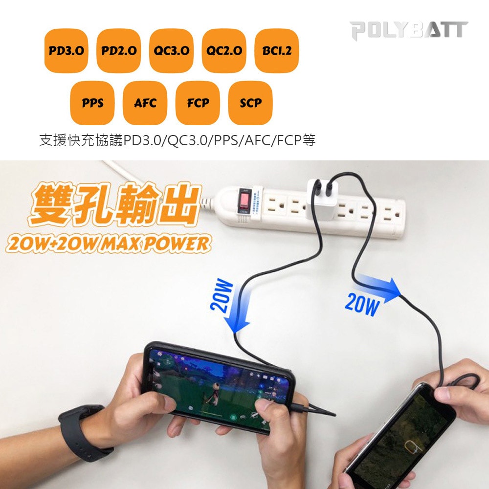 【POLYBATT】40W氮化鎵 雙孔PD極速充電器+金屬編織PD快充線/傳輸線(2M)