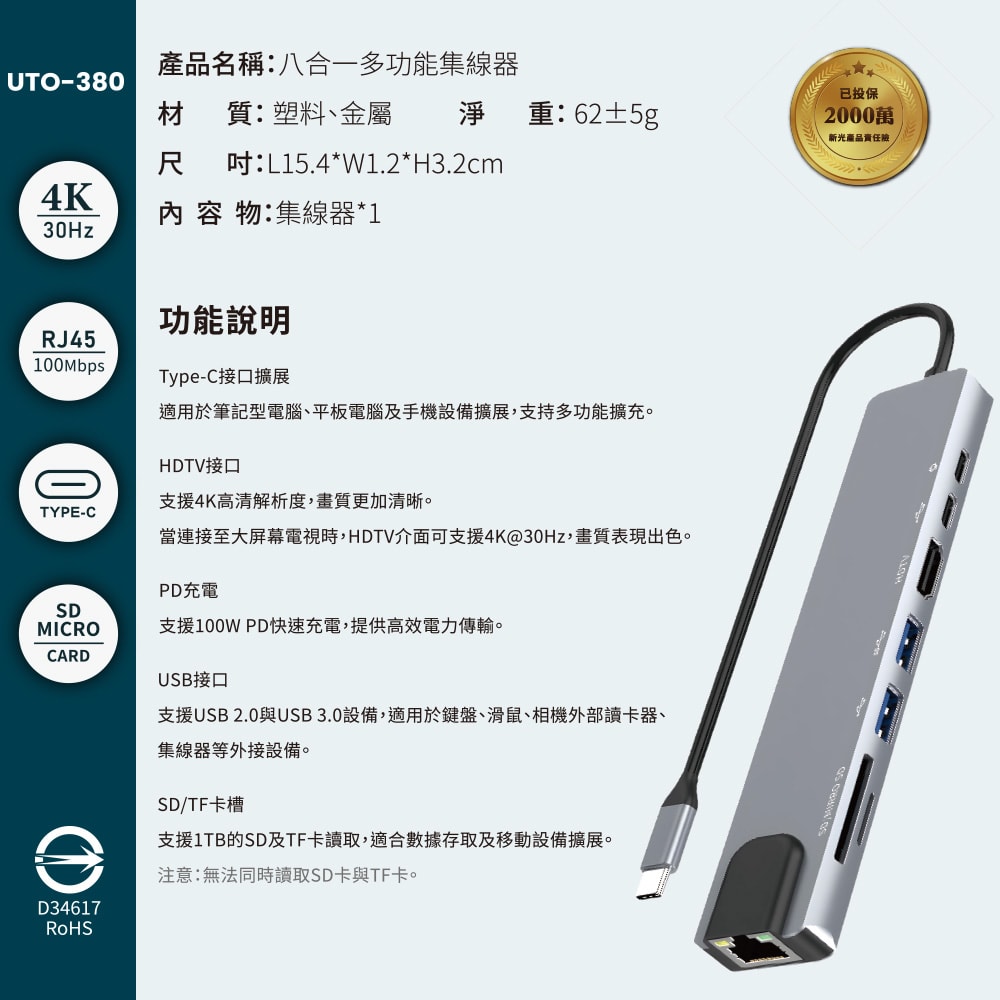 【Songwin】8合1多功能PD充電傳輸集線器 UTO-380 (HDTV/RJ45/TypeC/讀卡機)