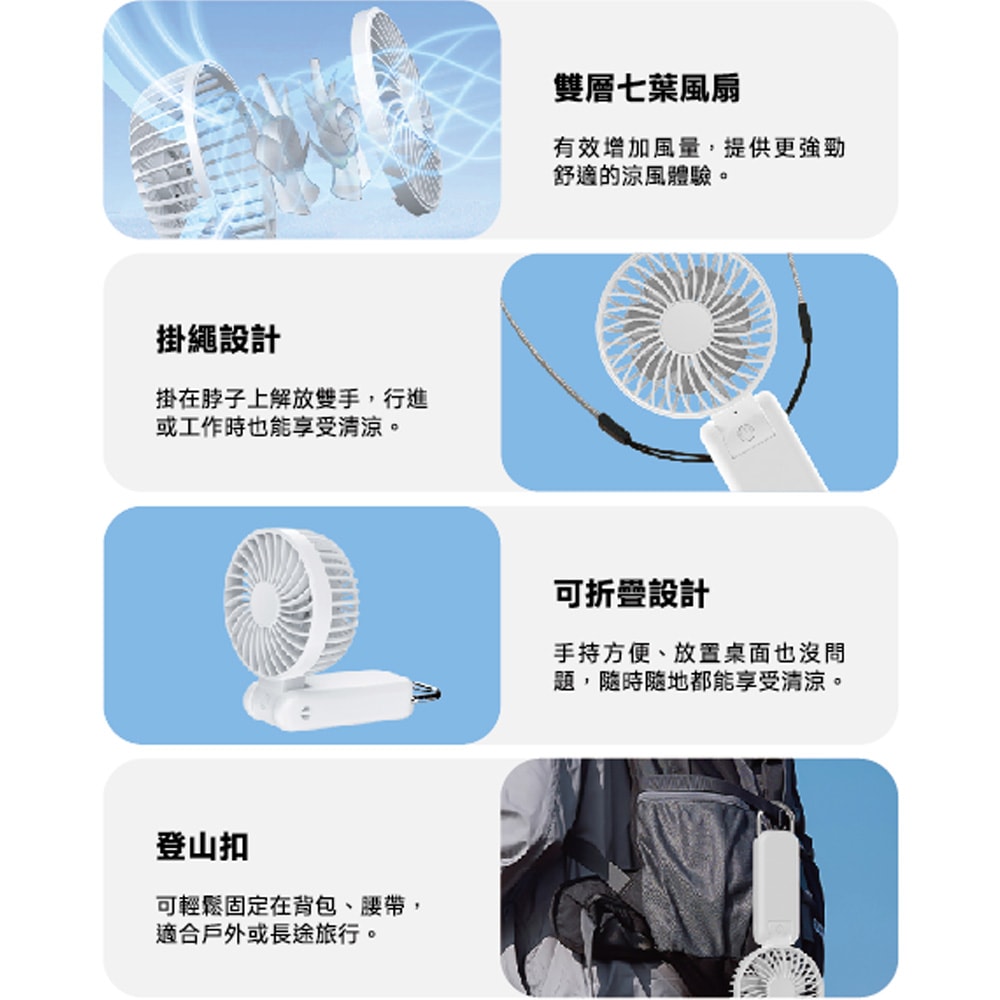 【POLYBATT】勁涼雙層扇葉 USB充電隨身風扇(手持式/可折疊/大容量電池/五段可調速)【超值二入】
