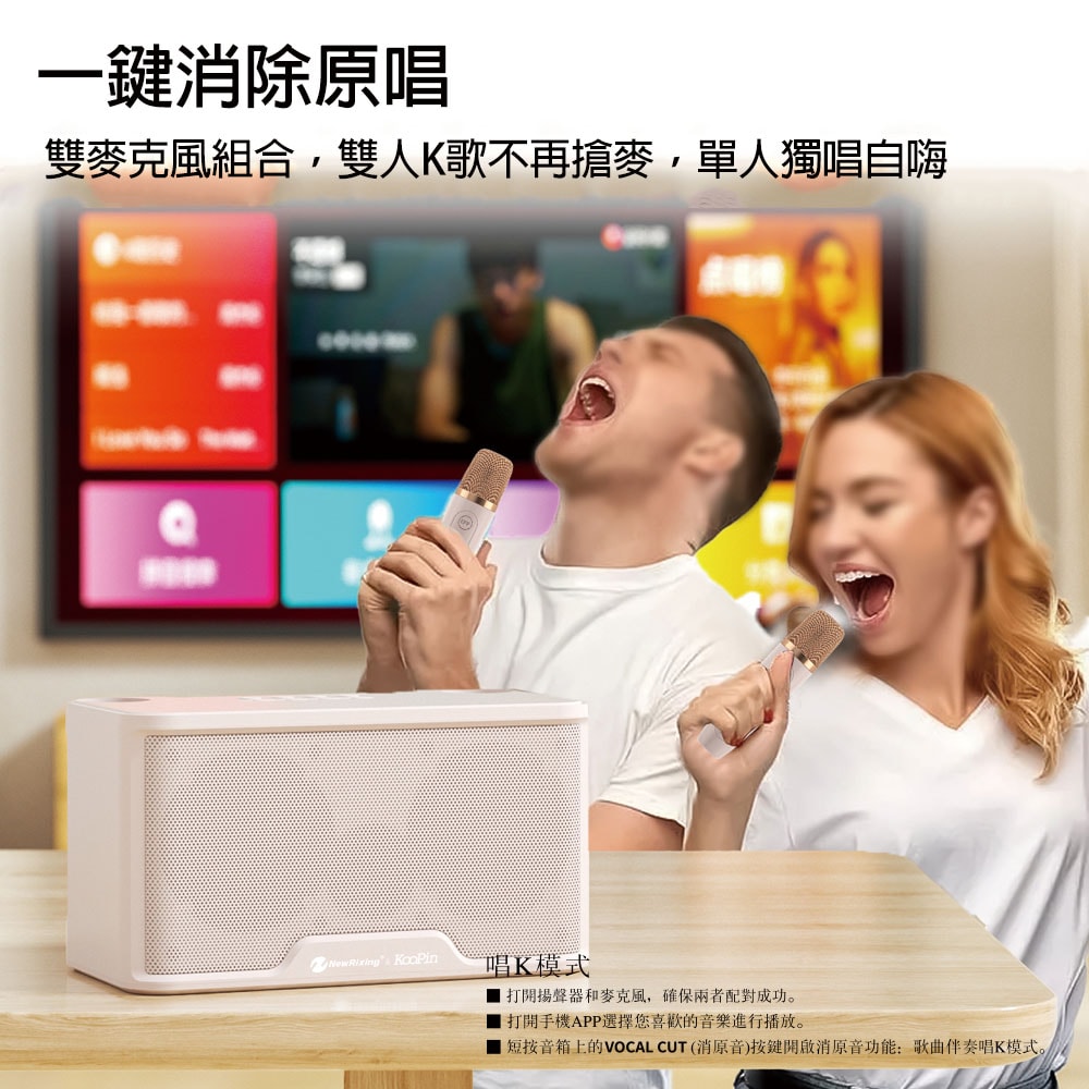 【KooPin】雙人對唱行動KTV/藍牙喇叭無線麥克風組(附贈收納提袋)