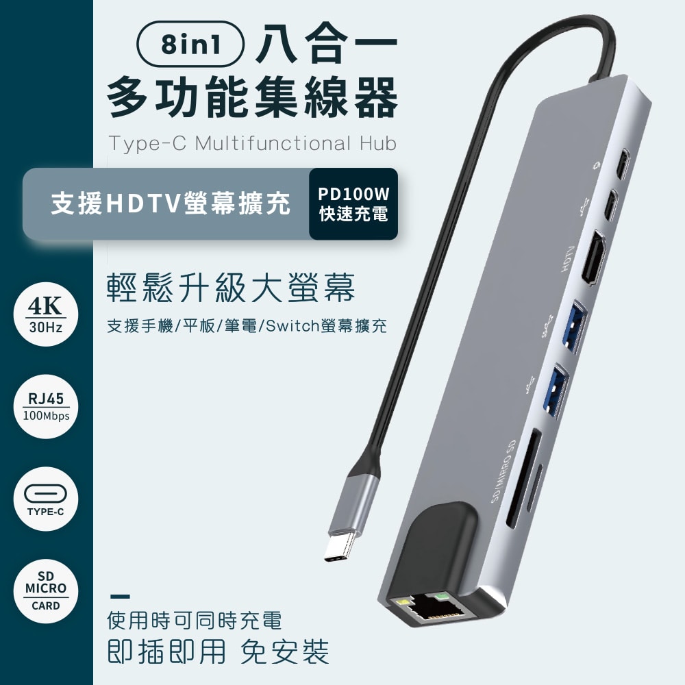 【Songwin】8合1多功能PD充電傳輸集線器 UTO-380 (HDTV/RJ45/TypeC/讀卡機)