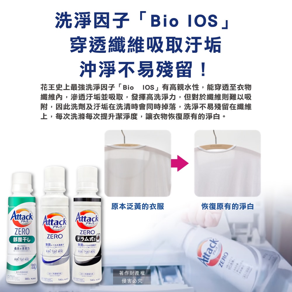 【KAO 花王】Attack ZERO極淨超濃縮洗衣精580g/罐(最高清潔力Bio IOS洗淨因子,衣物除臭香氛,直立式/滾筒式/室內晾曬消臭洗劑)