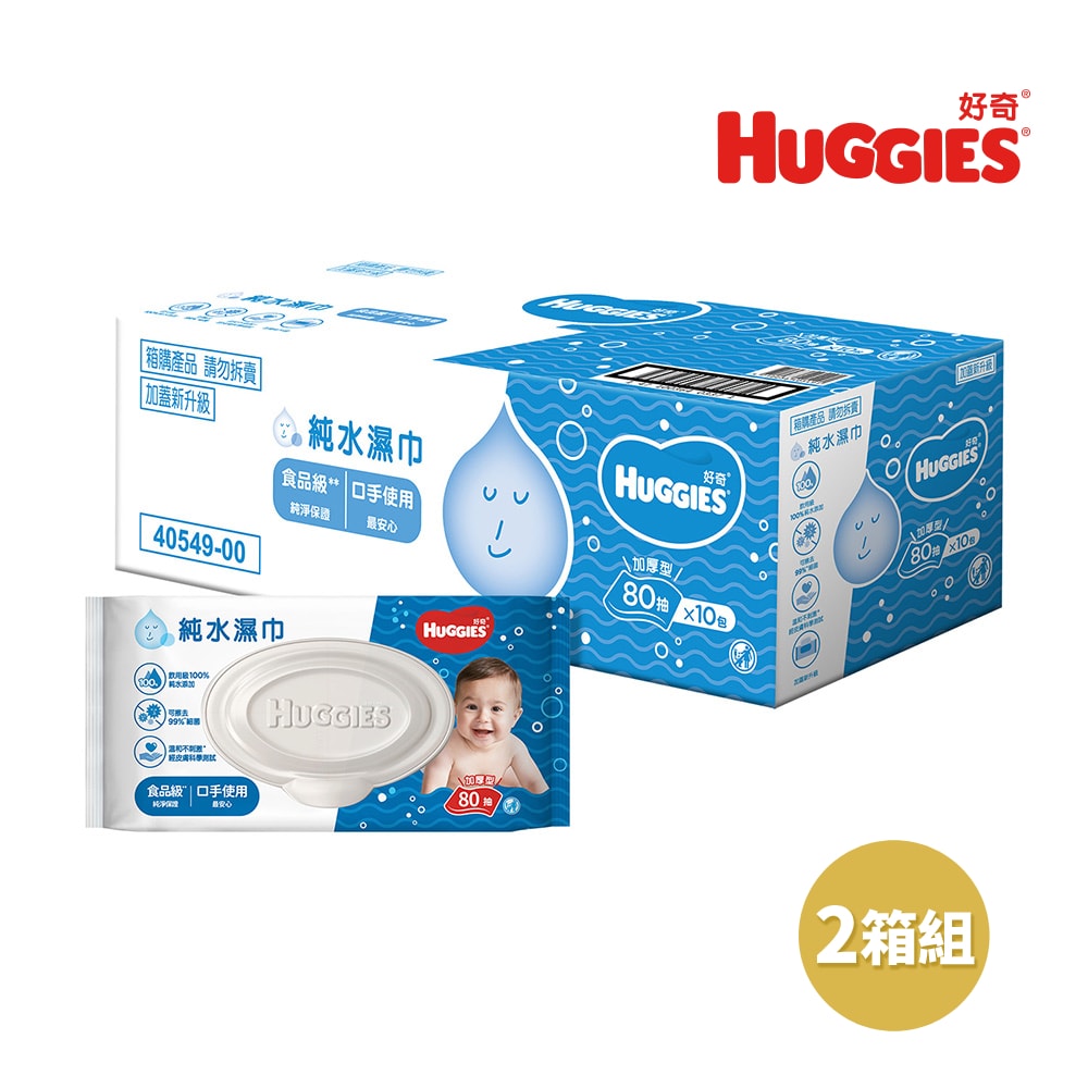【HUGGIES 好奇】純水嬰兒濕巾 加厚型 加蓋設計 80抽x10包/箱 2箱組