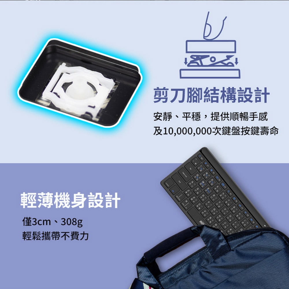 【INTOPIC 廣鼎】2.4GHz一對三藍牙剪刀腳鍵盤(KBT-110)