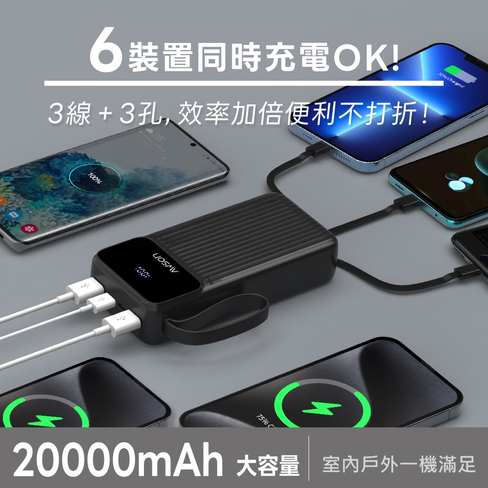 【AWSON 歐森】20000mAh大容量自帶線行動電源(AWP-5750)74Wh/自帶4線/4孔