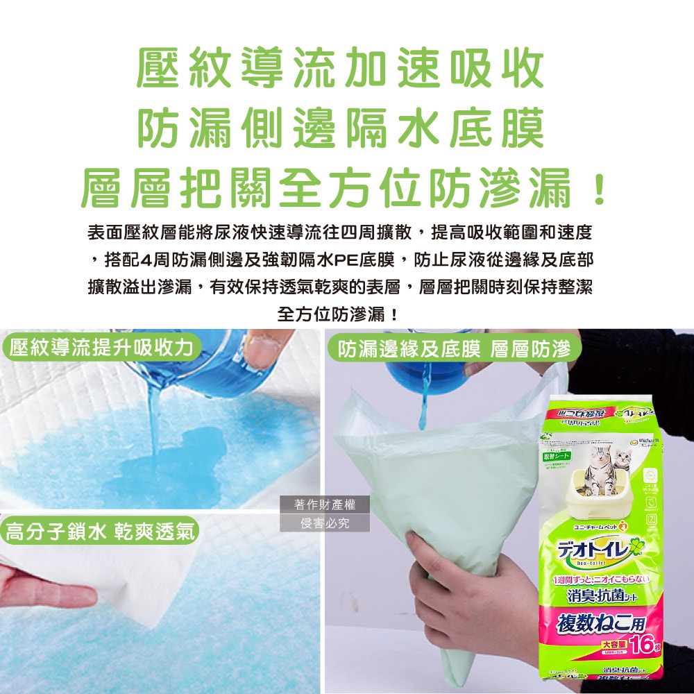 【Unicharm】Ag銀離子1週間長效瞬吸乾爽多貓用貓尿墊16片/袋-無香味(紅標)(大容量吸水貓尿布,消臭大師防滲漏貓潔墊,本品不含貓砂盆)