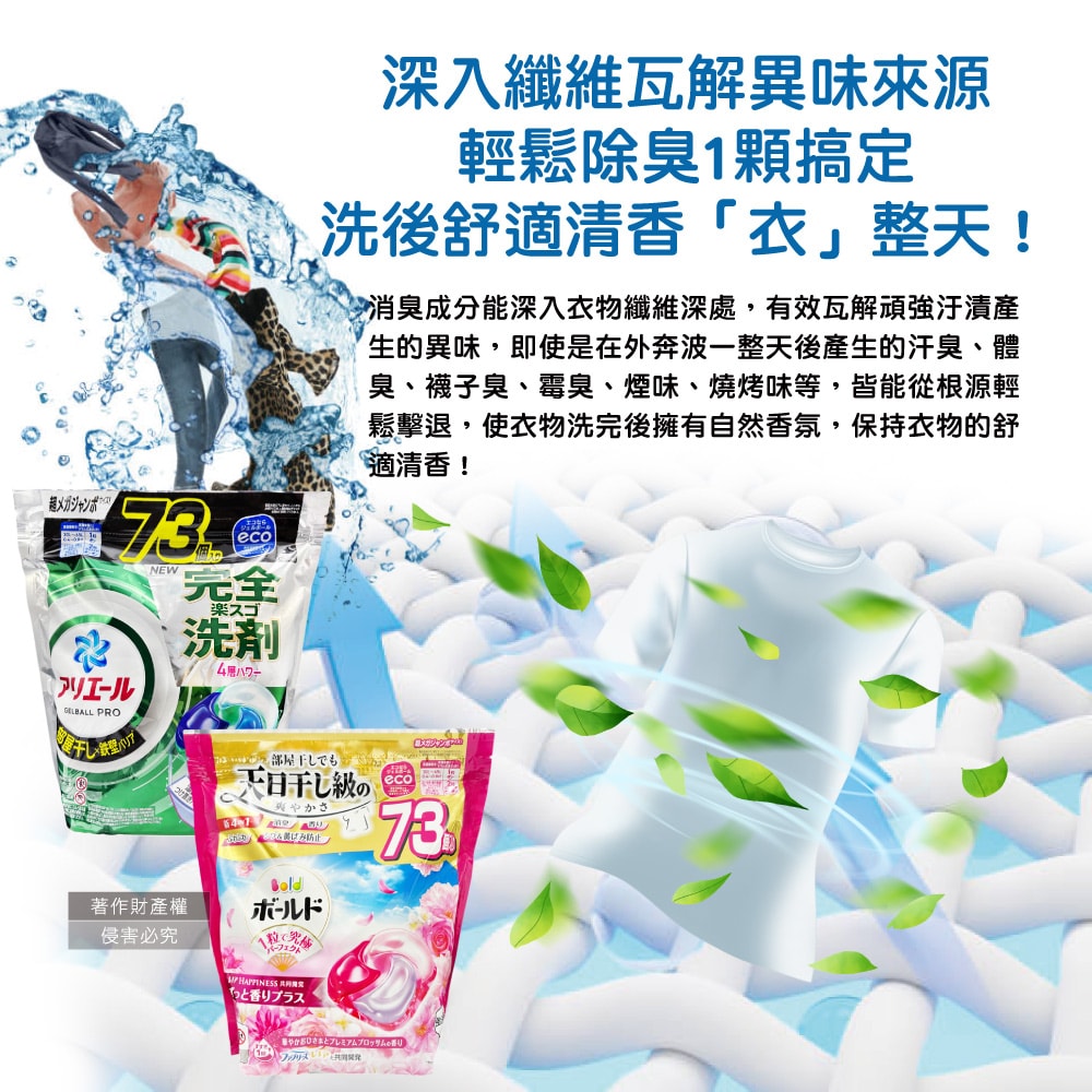 【P&G】4D酵素強洗淨去污消臭洗衣凝膠球73顆/袋(Ariel室內晾曬洗衣機槽防霉,Bold持香柔順抗皺,濃縮洗衣膠囊,家庭號補充包,全洗衣機型適用)