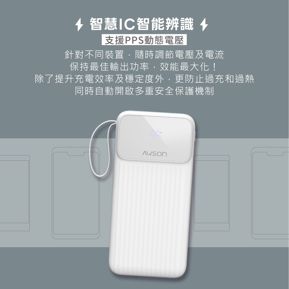 【AWSON 歐森】10000mAh大容量自帶線行動電源(AWP-5730)37Wh/自帶4線/4孔