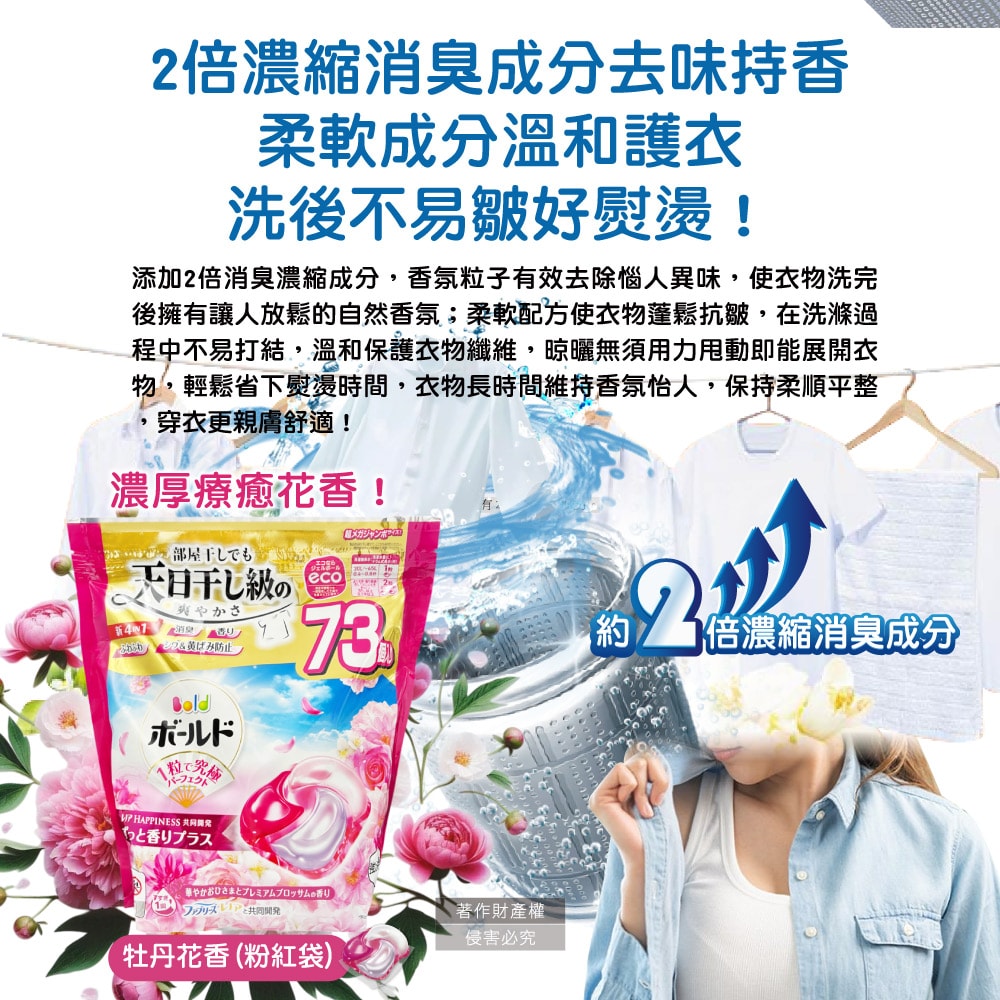 【P&G】4D酵素強洗淨去污消臭洗衣凝膠球73顆/袋(Ariel室內晾曬洗衣機槽防霉,Bold持香柔順抗皺,濃縮洗衣膠囊,家庭號補充包,全洗衣機型適用)
