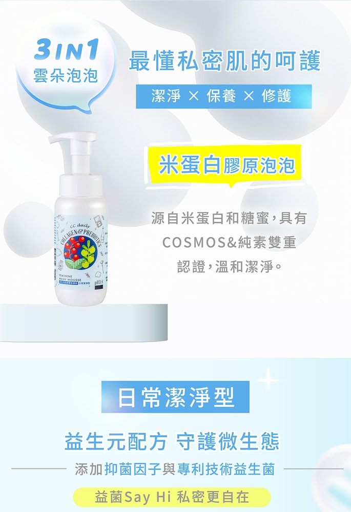 【台塑生醫】CC daily益生元私密膠原慕斯(日常潔淨型/加強舒緩型)200g*12入