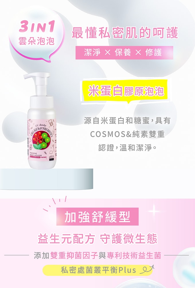 【台塑生醫】CC daily益生元私密膠原慕斯(日常潔淨型/加強舒緩型)200g*12入