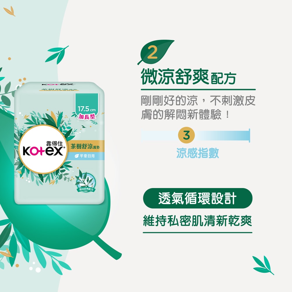 【Kotex 靠得住】茶樹舒涼護墊(涼感護墊) 日用14.5cm/日用加長17.5cm/經期前後17.5cm (24包/箱)