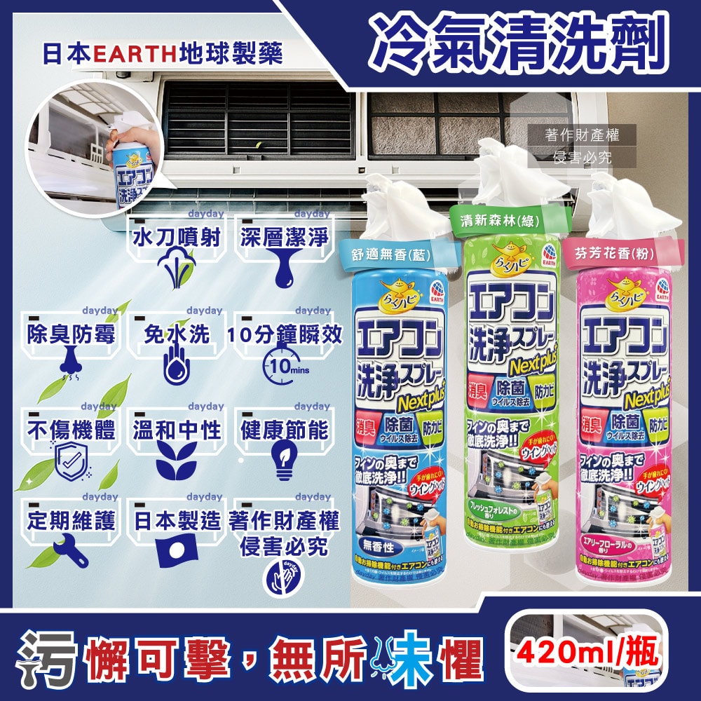 【日本Earth地球製藥】NextPlus+免水洗瞬效防霉除臭芳香冷氣清潔劑420ml/罐(水刀式強效噴射清洗,空調室內機保養消除異味,冷氣濾網中性防塵噴霧)