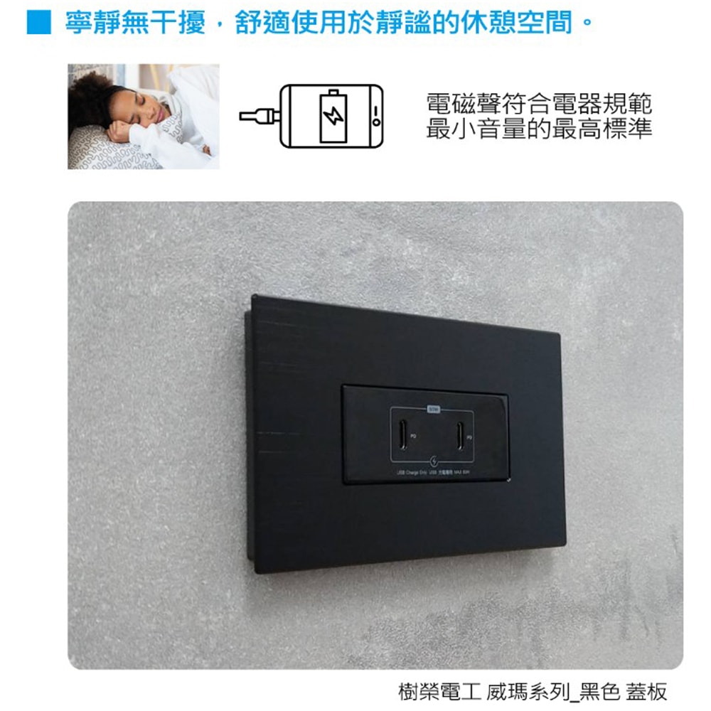 【台達電子】埋入式 60W USB-CC PD雙孔充電插座(黑色) Type C 插座 / 威瑪面板