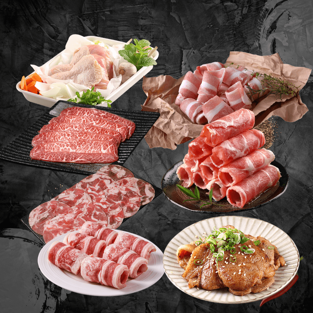 【鮮食堂】去骨雞腿排(2支,252g)+日式梅花里肌燒肉片(285g)+梅花肉片(180g)+豬五花肉片(180g)+小羔羊肉片(180g)+板腱牛肉片(135g)+五花牛肉片(135g)