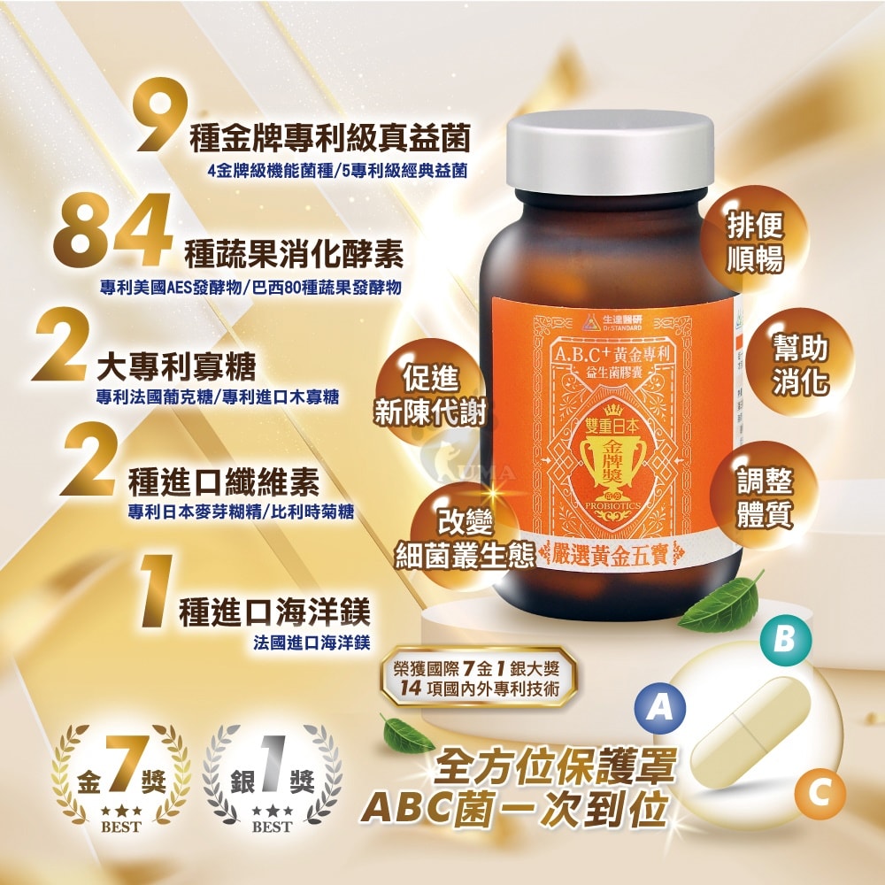 【生達醫藥】生達醫研 A.B.C+黃金專利益生菌膠囊 60粒X3瓶+贈優晶亮葉黃素60粒/瓶