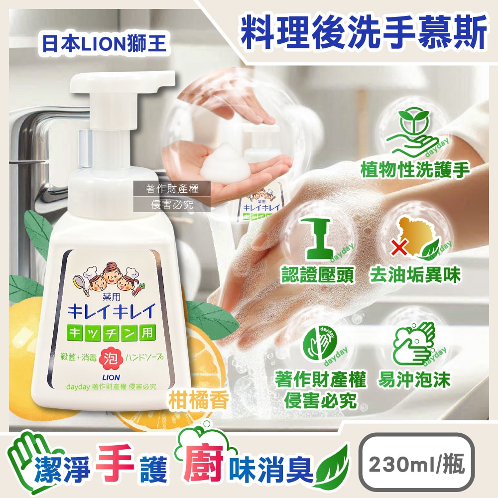【LION 獅王】植物性除料理後油垢異味洗手慕斯230ml/按壓白瓶-柑橘香(廚房烹飪髒污泡泡洗手,去蔥蒜生鮮腥臭親膚洗手乳,手部香氛護理清潔露)