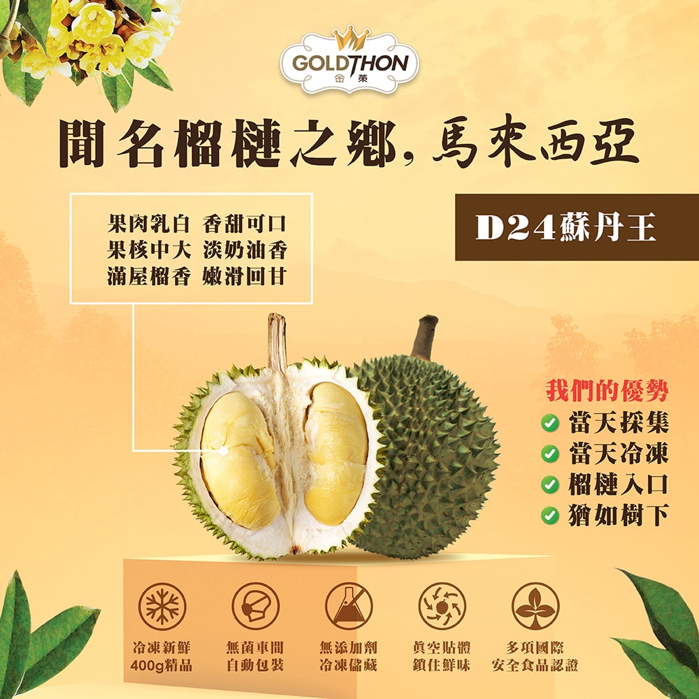 【Gold Thon】馬來西亞老樹蘇丹王榴槤果肉400克*2盒