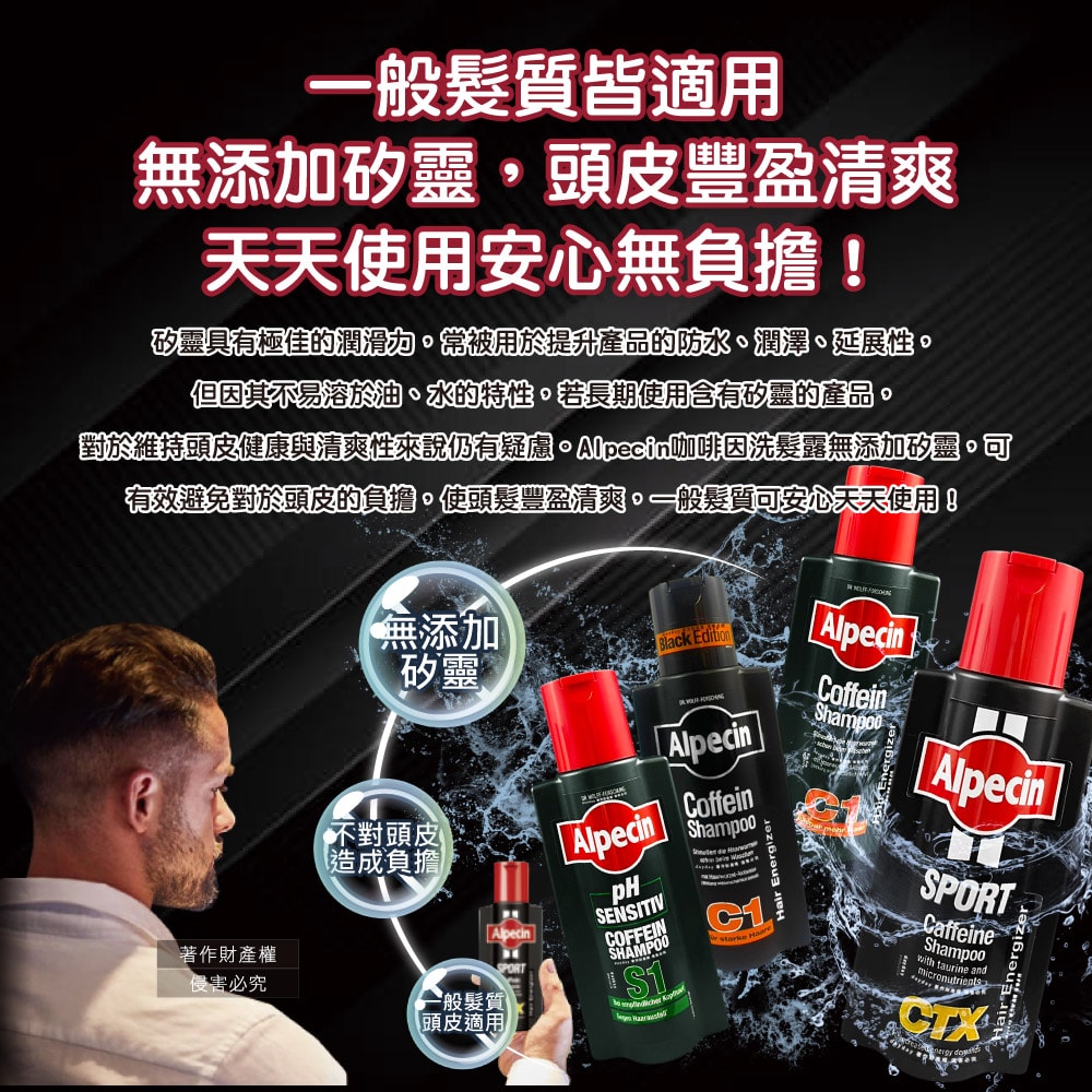 【Alpecin】強健髮根控油不含矽靈咖啡因洗髮露250ml/瓶-C1黑色經典(清爽柑橘香調,90周年限定,舒涼護髮洗髮精,男士調理油性髮質洗淨頭皮)