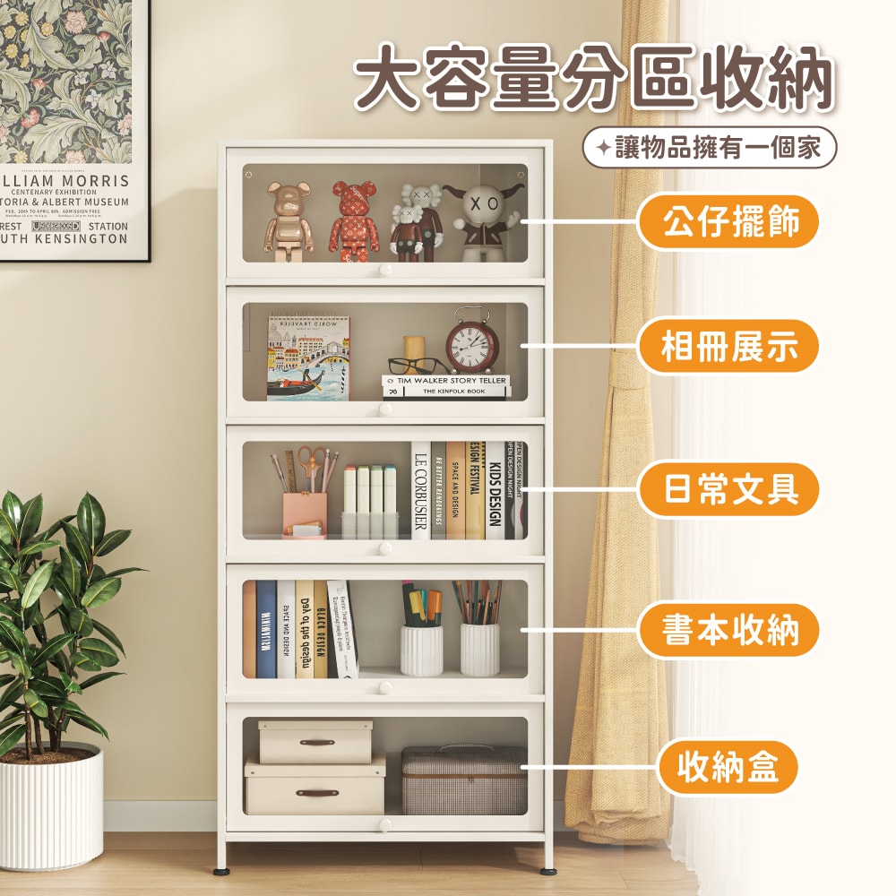 【慢慢家居】全碳鋼翻門防塵收納櫃展示櫃書櫃-五門80x30cm (鋼化玻璃門 儲物櫃 鐵藝收納櫃)