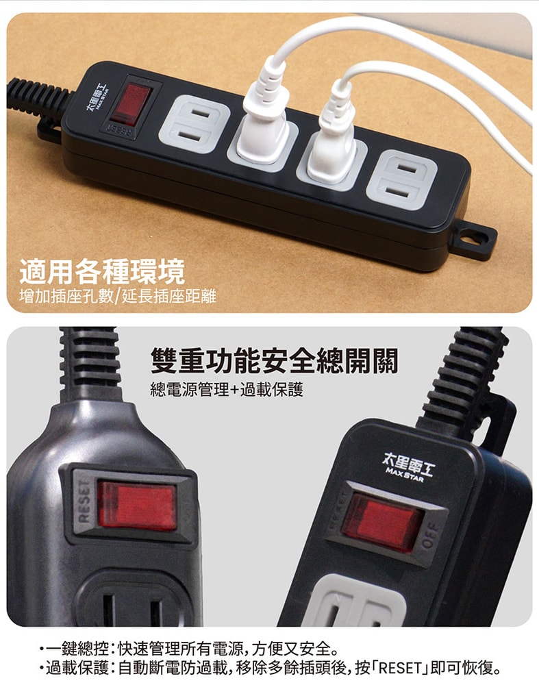 【太星電工】一開四插延長線/2P 15A 9尺(2入) 總開關 過載保護 OEA41209*2
