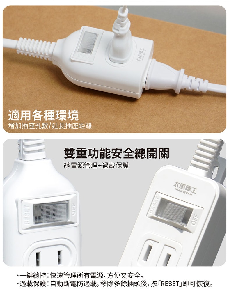 【太星電工】一開二插延長線/2P 15A 6尺(2入) 總開關 過載保護 OEA21206*2
