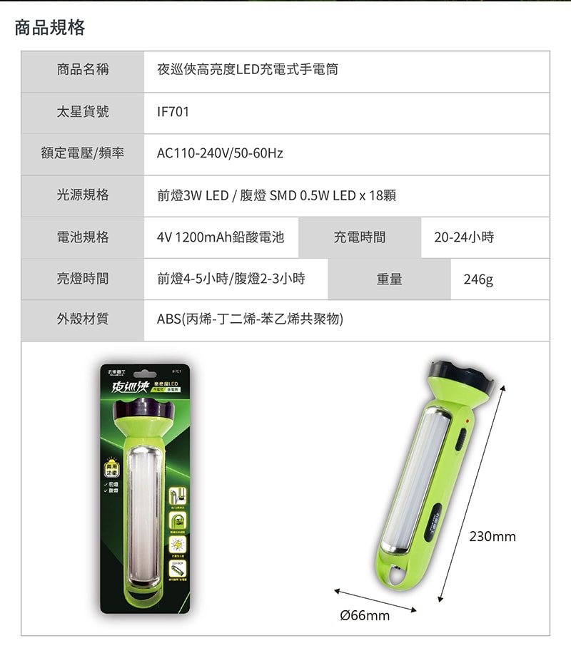 【太星電工】夜巡俠高亮度LED充電式手電筒(2入) IF701*2