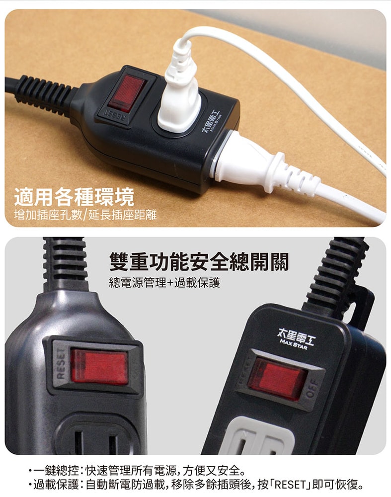 【太星電工】一開二插延長線/2P 15A 6尺(2入) 總開關 過載保護 OEA21206*2