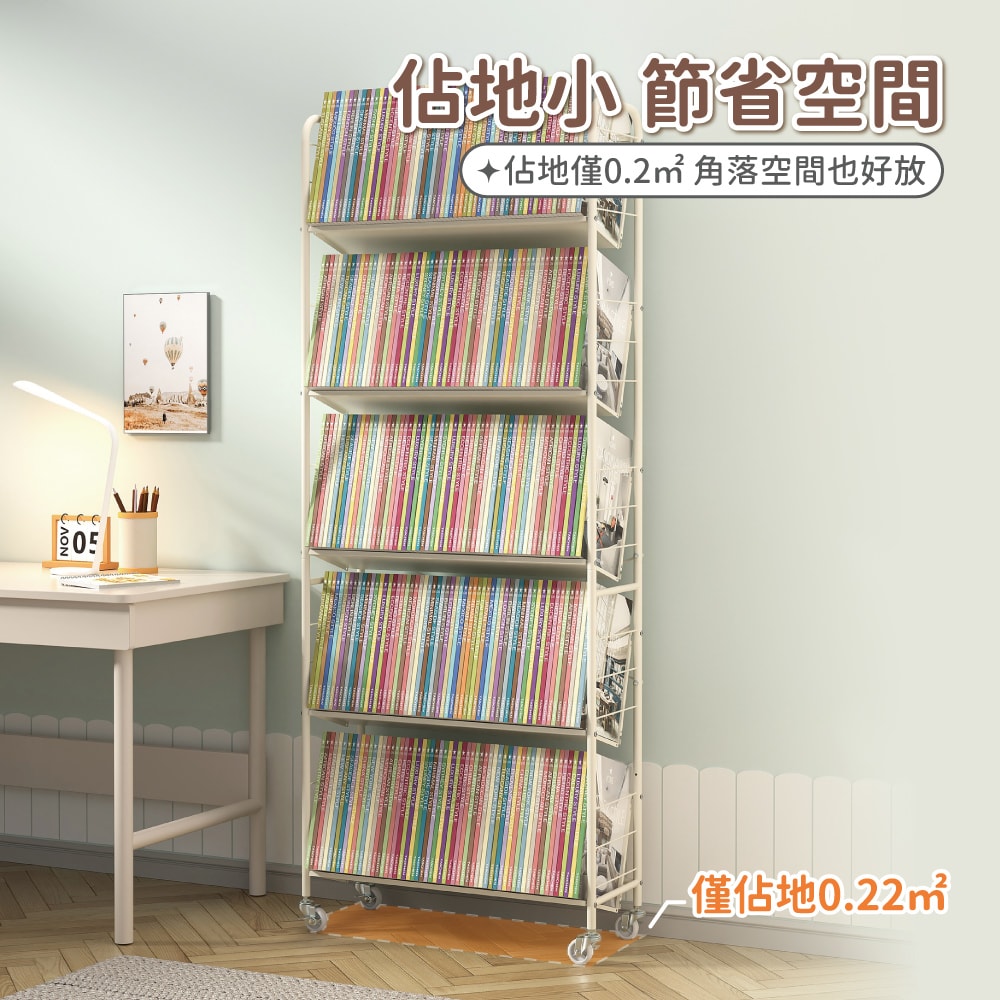【慢慢家居】升級層板-奶油風超穩固可移動鐵藝五層書架(文件推車 兒童書架 移動書櫃 置物架)