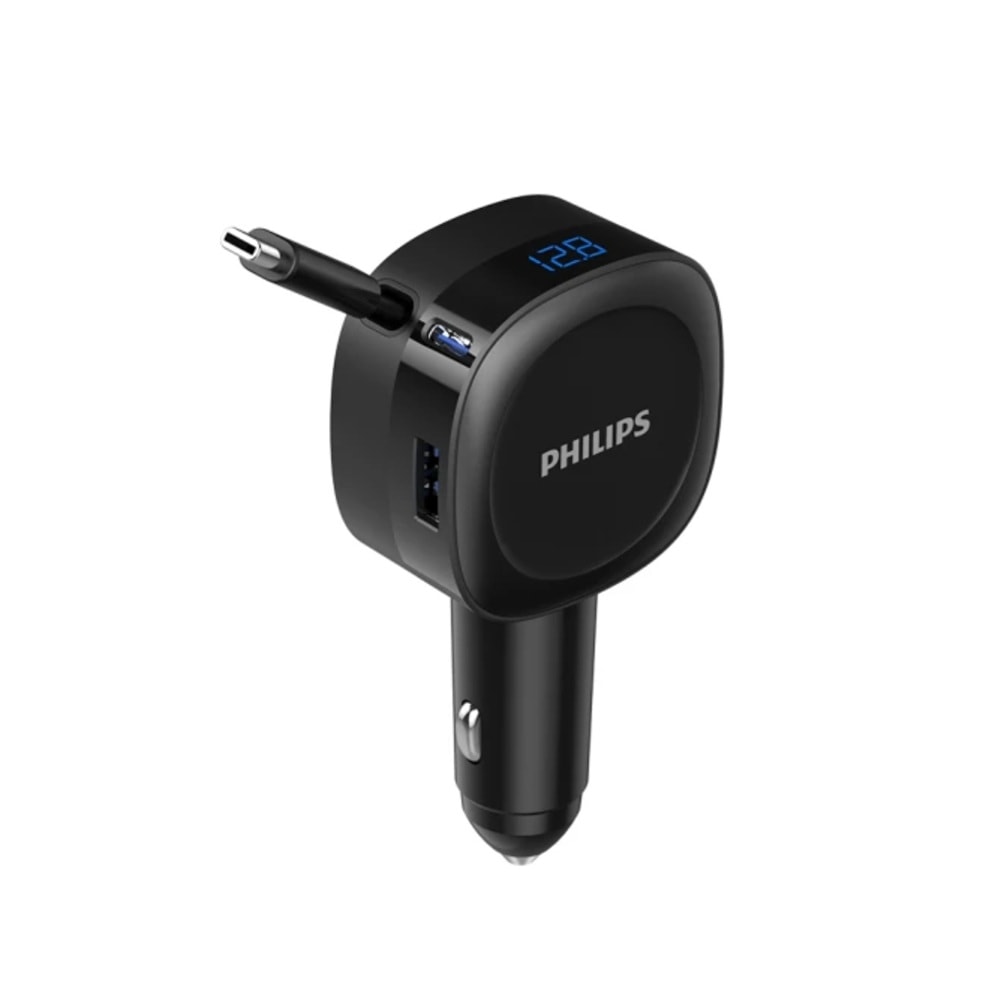 【Philips 飛利浦】DLP2360C 60W高速快充數顯伸縮線2孔車載充電器 (多重智慧安全保護)