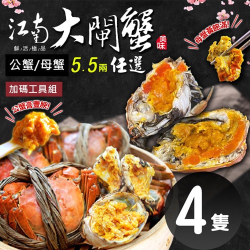【築地一番鮮】特A規格活體江南大閘蟹公母任選5.5兩X4隻任選組/加碼工具組