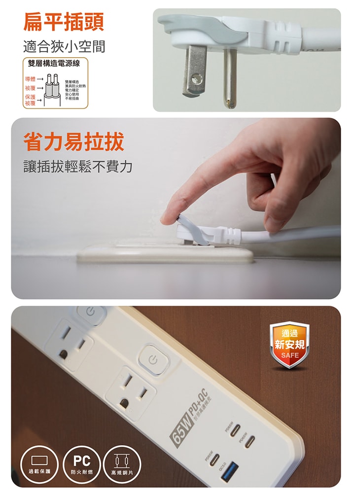 【太星電工】速充寶PD65W氮化鎵三開四插快充電腦線/2P+3P/6尺 過載保護/防火/筆電 快充 OSA34306