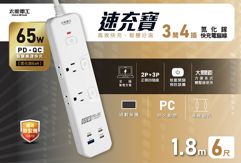 【太星電工】速充寶PD65W氮化鎵三開四插快充電腦線/2P+3P/6尺 過載保護/防火/筆電 快充 OSA34306