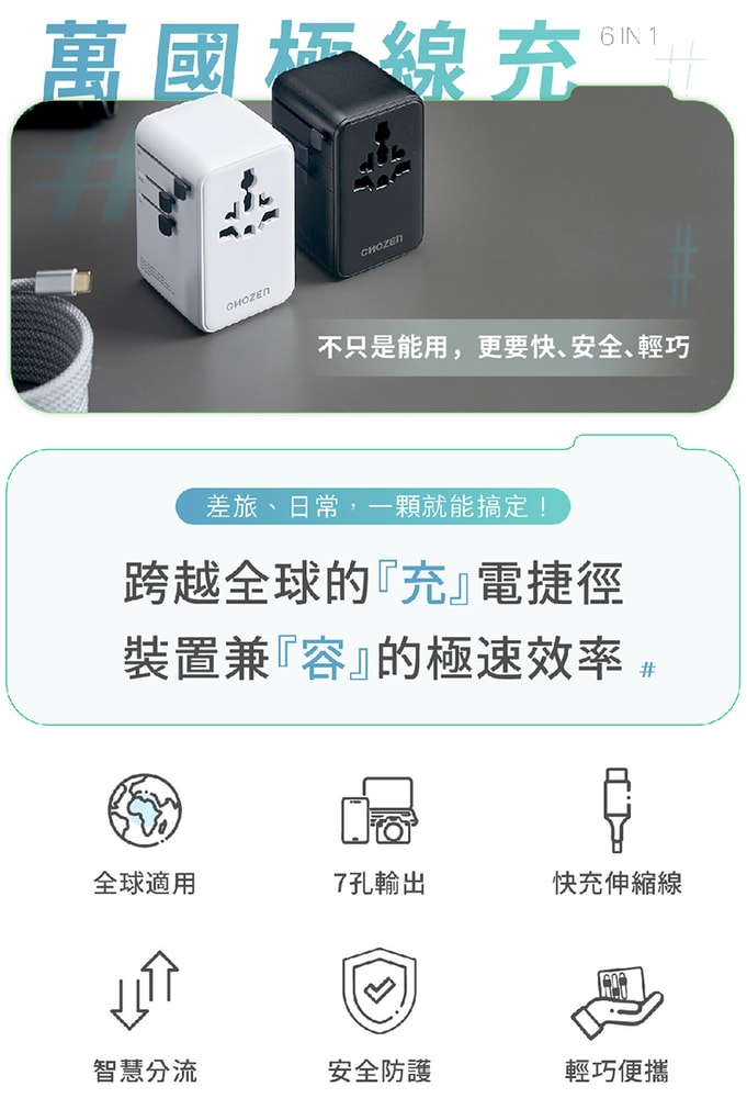 【CHOZEN】PD70W 氮化鎵六合一快充萬國轉換插頭(附線)