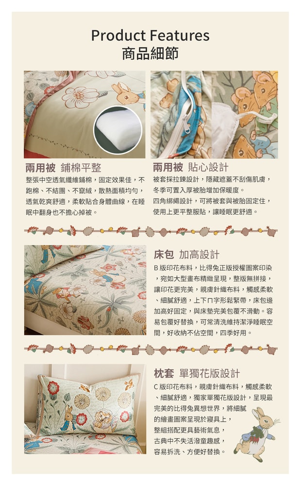 【PETER RABBIT 比得兔】比得兔與V&A博物館 床包兩用被組-任選(雙人尺寸/正版授權/兩用被/床包/四件組)