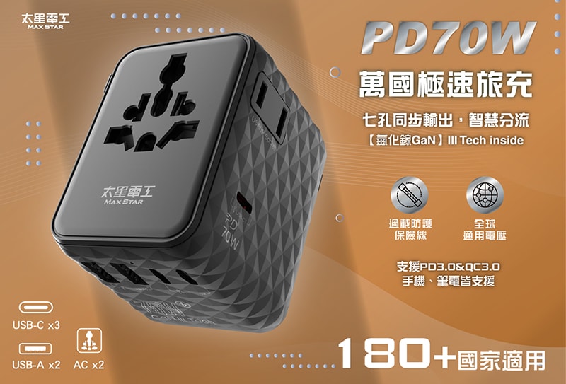 【太星電工】氮化鎵PD70W萬國轉換頭/萬國轉接插座 筆電充電 手機充電 高速快充 出國旅行5USB(2A3C)