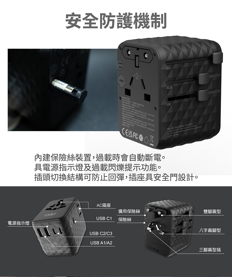【太星電工】氮化鎵PD70W萬國轉換頭/萬國轉接插座 筆電充電 手機充電 高速快充 出國旅行5USB(2A3C)